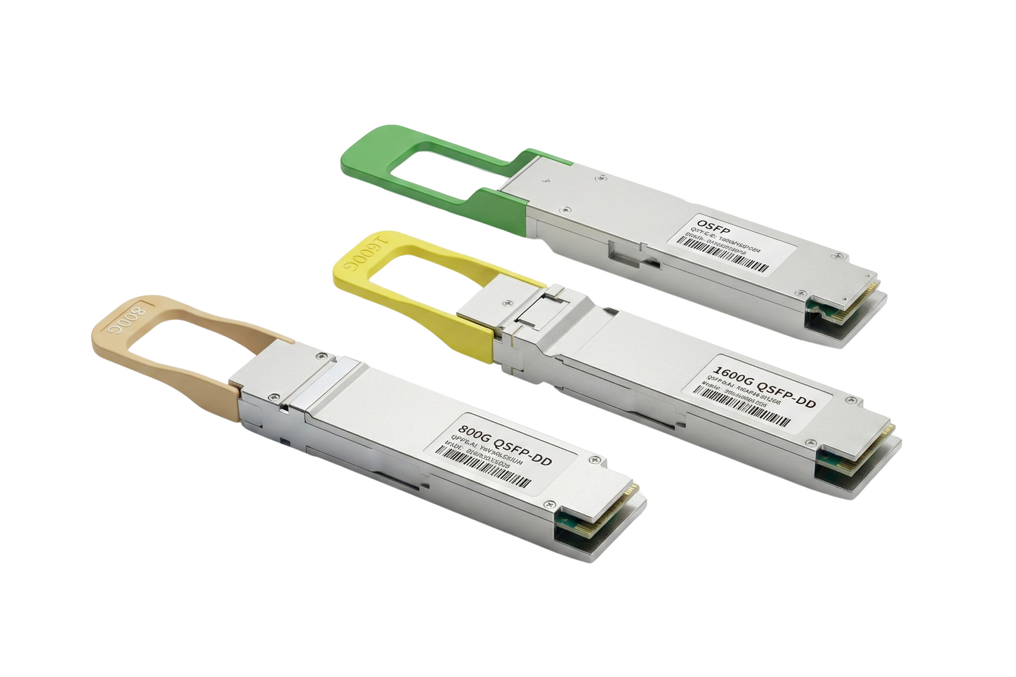 Three Optical Transceivers - OFSP, QSFP-DD with color-coded handles on a white background