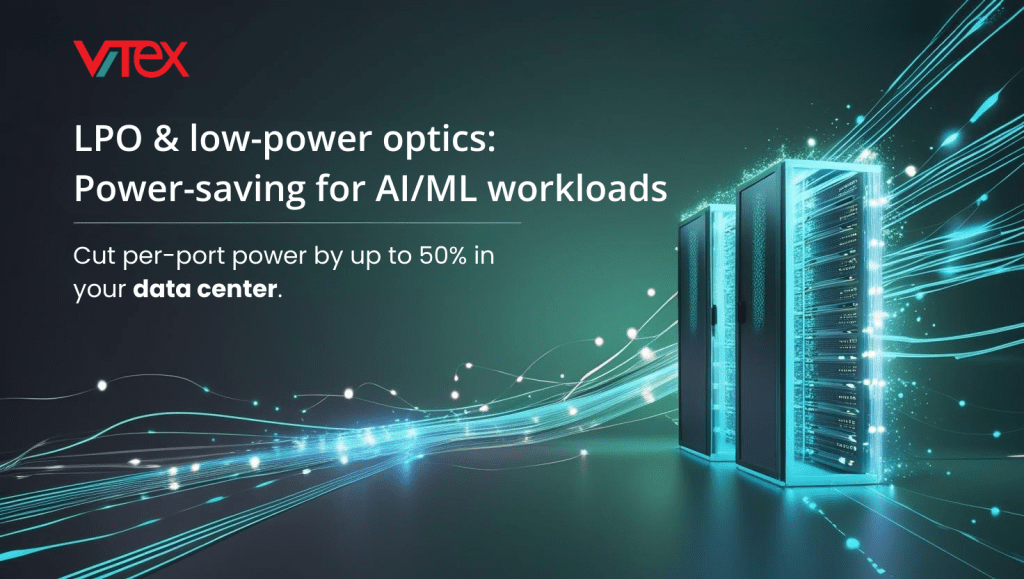 Data center servers with fiber optic connections illustrating Vitex LPO low-power optics technology for AI/ML workloads