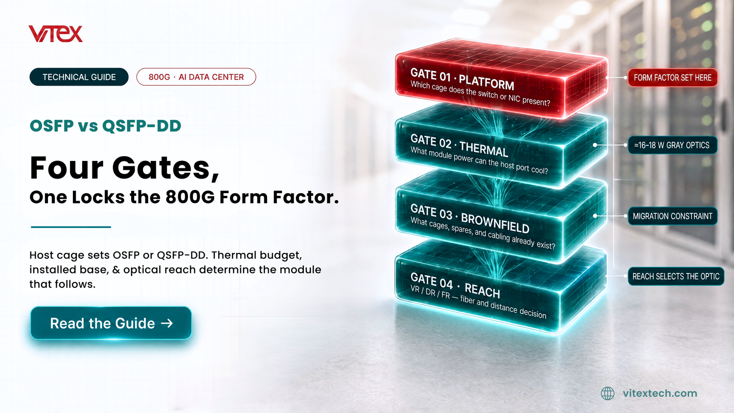 VITEX technical guide graphic comparing OSFP vs QSFP-DD for 800G AI data centers, highlighting four key considerations: platform, thermal requirements, brownfield migration, and optical reach.