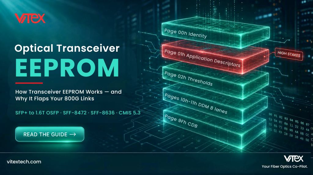 Vitex AI Data Center EEPROM Guide 2026 banner showing transceiver EEPROM fields: identifier, vendor PN, application, power class.