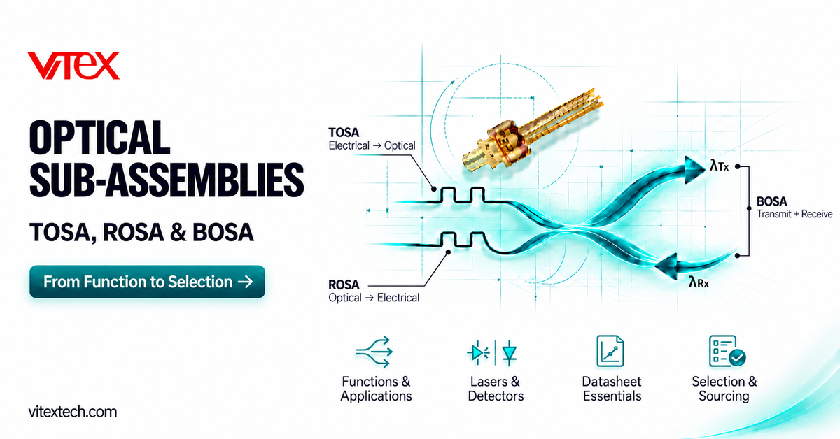 Optical sub-assemblies guide banner: a TOSA converts electrical signals to light, a ROSA converts light to electrical signals, and a BOSA transmits and receives on one fiber