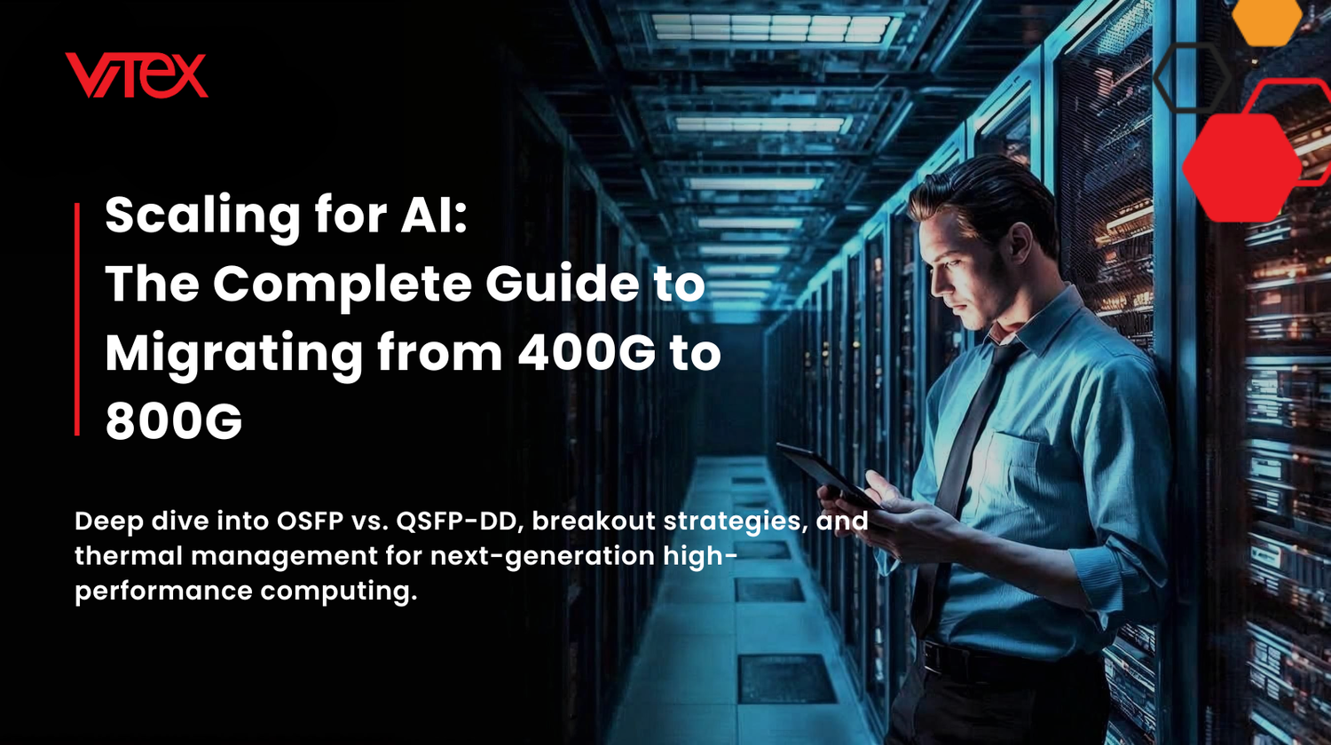 IT professional in data center server room reviewing network infrastructure on tablet - Guide to migrating from 400G to 800G for AI workloads