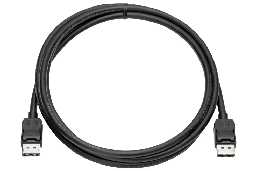 Black DisplayPort cable with DP connectors on both ends for high-resolution 4K and 8K video and audio transmission