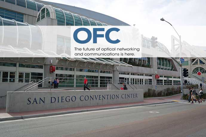 San Diego Convention Center exterior with OFC (Optical Fiber Communication) conference banner - the future of optical networking