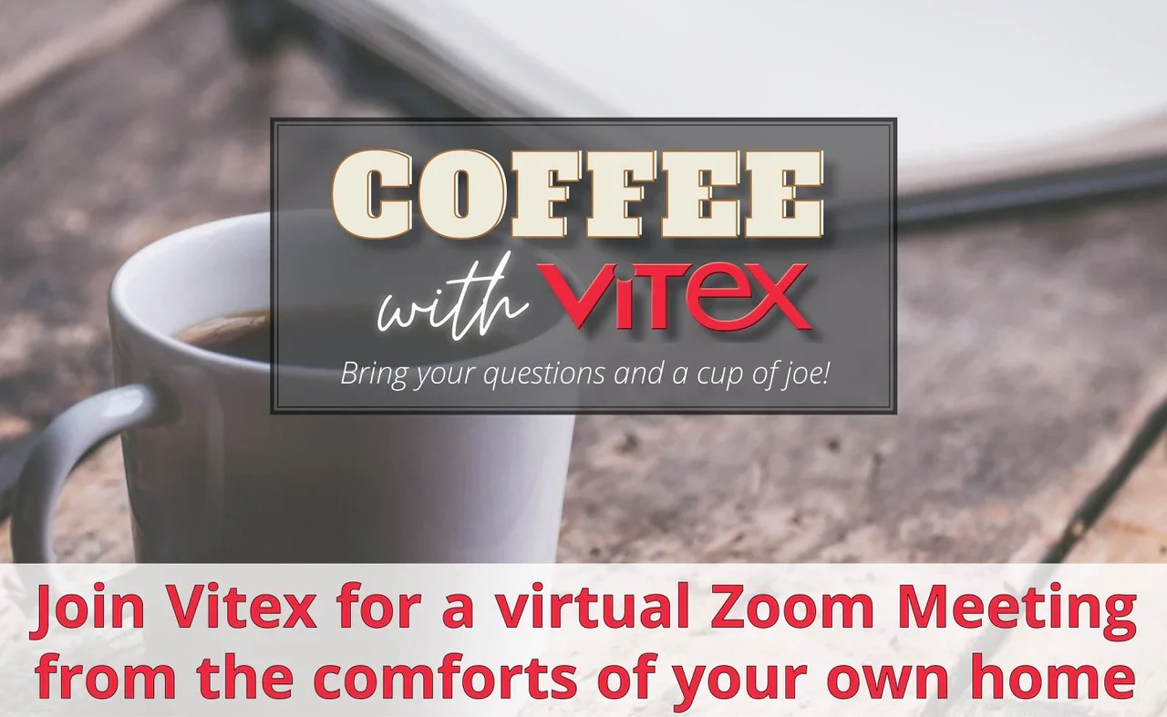 Coffee with Vitex virtual Zoom meeting invitation - bring your questions and a cup of joe to discuss optical transceivers and fiber optic solutions