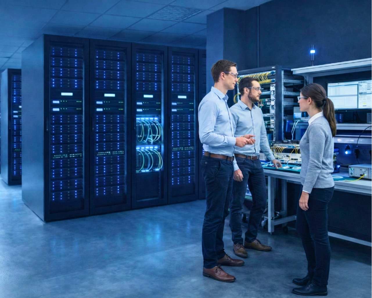 Three Vitex Engineers in a AI Data Center server room discussing technology.