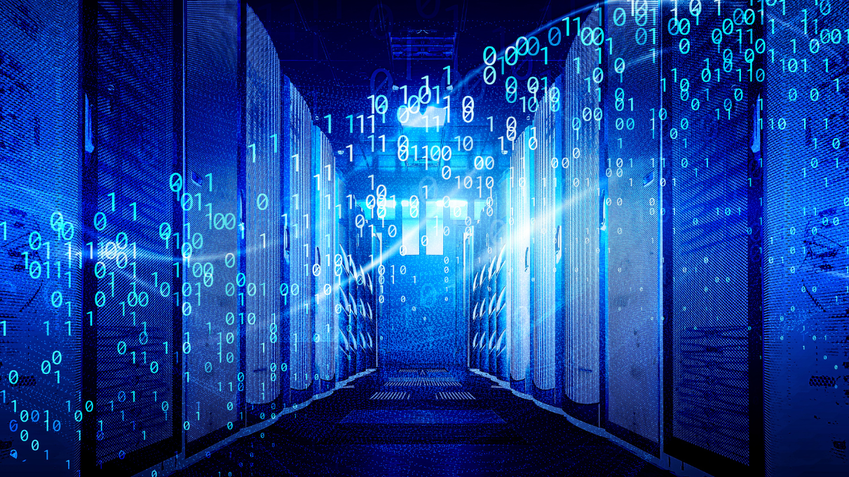 Server room with digital matrix effect on the walls