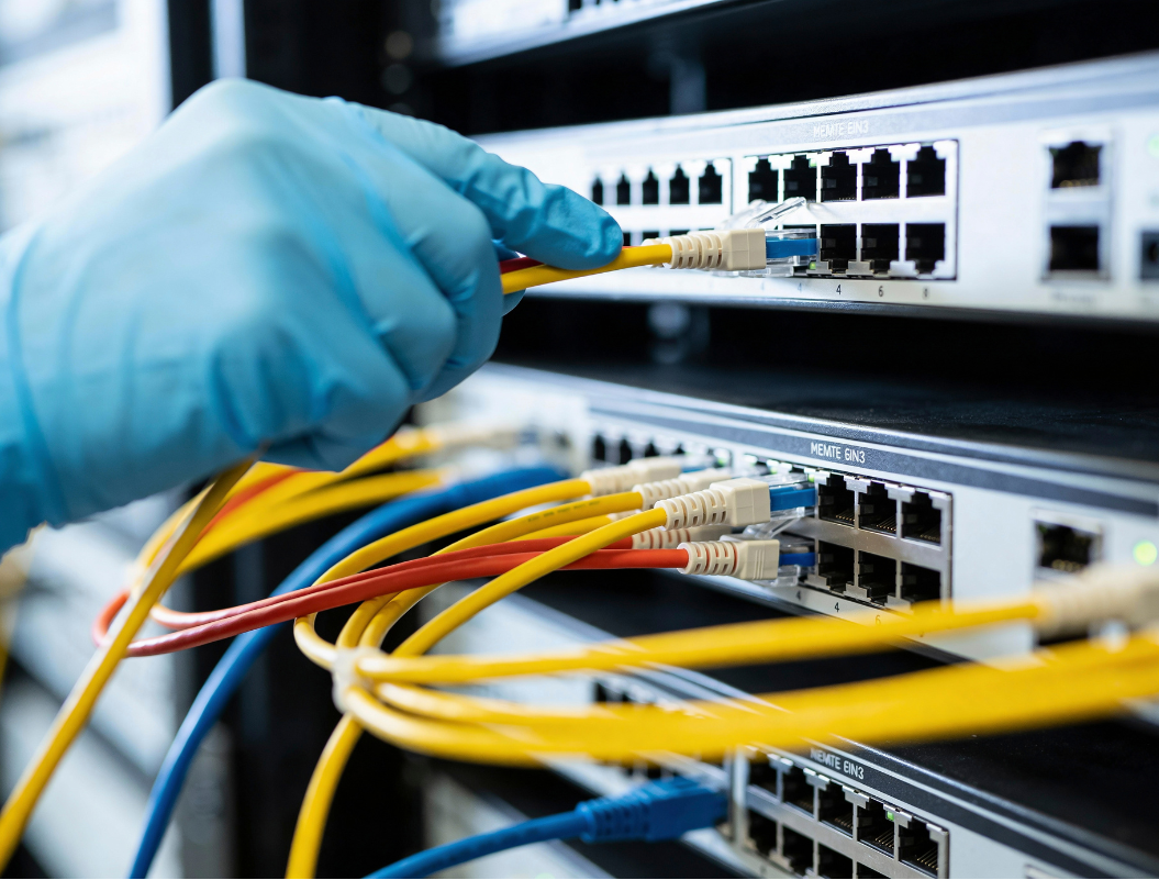 Person wearing blue gloves connecting network cables to a switch panel.