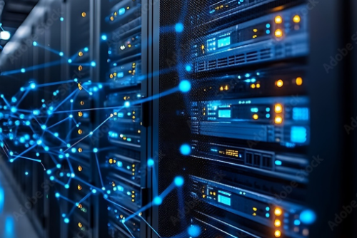 Server racks with network connections in a data center setting